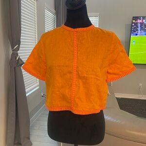 Magaschoni $128 Orange 100% linen Cropped Blouse